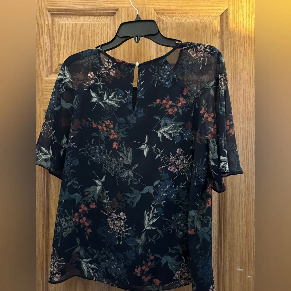 Vince Camuto Navy Floral Blouse with Flutter Sleeves